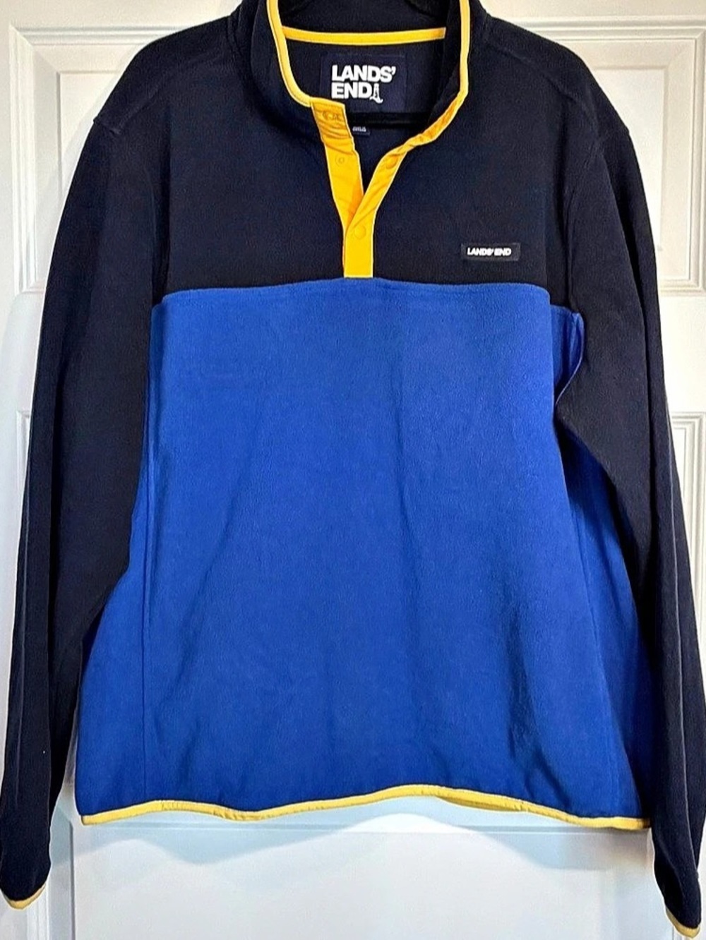 Lands’ End Men’s XL Fleece Pullover Navy Blue Yellow Colorblock Retro 1148